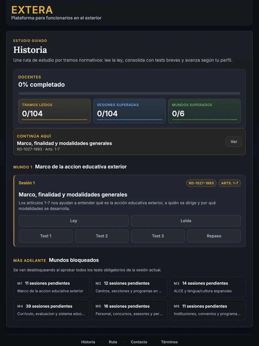 Modo Historia de EXTERA en iPad con ruta de estudio por sesiones